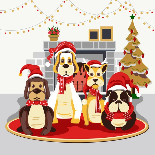 Cães Bonitos Natal Sazonal Com Lareira Árvore Natal Fundo Vetor — Vetor de Stock