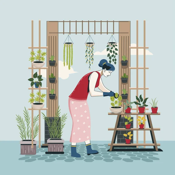 Femme Jardinier Pulvérisation Eau Sur Plante Concept Jardin Domicile — Image vectorielle