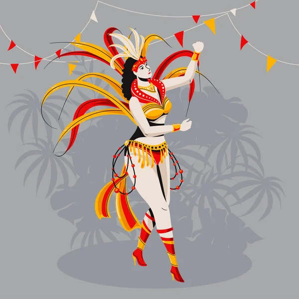 Εξωτική Βραζιλίας Καρναβάλι Χορεύτρια Τροπικό Φύλλωμα Φόντο Διάνυσμα Εικονογράφηση — Διανυσματικό Αρχείο