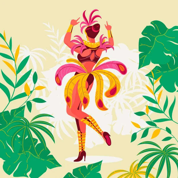 Dançarina Carnaval Brasileira Exótica Com Folhagem Tropical Ilustração Vetorial Fundo —  Vetores de Stock