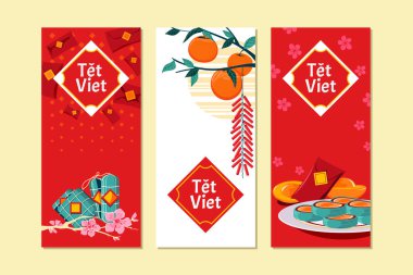 Vietnamlı yeni yıl vektörel afişi ya da sosyal medya post konsepti. Ortalama Tet, ay yeni yılı.