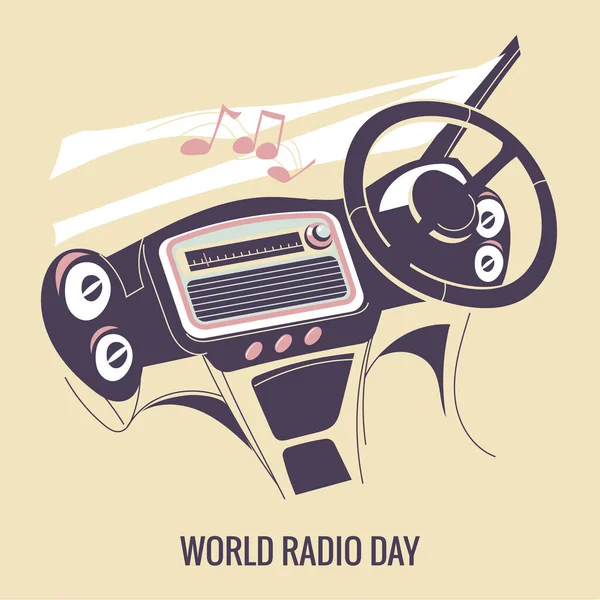 世界无线电日概念矢量图解 男人在车里玩收音机 — 图库矢量图片
