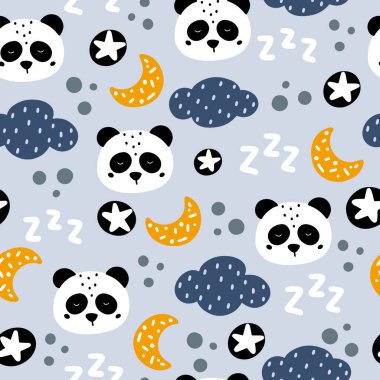 Yıldızlı, aylı ve bulutlu uyuyan panda İskandinav tarzı vektör illüstrasyonunda kusursuz bir desen çizdi. Şirin panda yüz şekli..