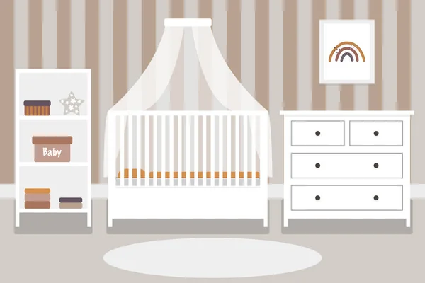 Cute nursery interior design in Scandinavian style flat vector illustration. Cozy and warm baby room design.