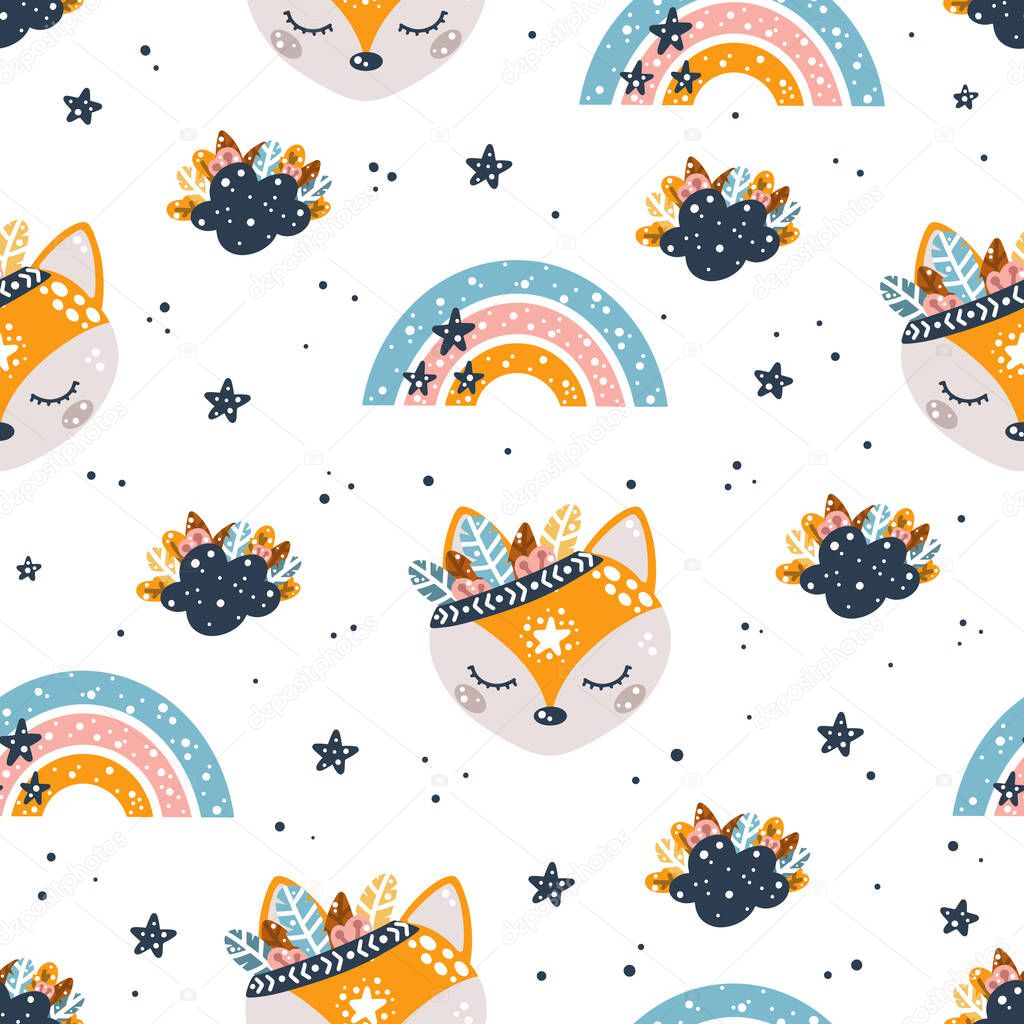 Cute bohemian childish seamless pattern with foxes, rainbows, clouds, stars and feathers in Scandinavian style vector illustration for design or print.