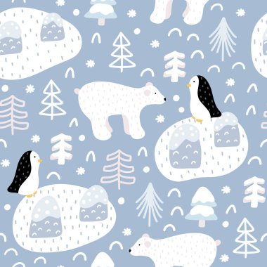 Kutup ayısı, Noel ağacı ve İskandinav tarzı vektör illüstrasyonunda soyut elementlerle süslenmiş sevimli kış desenleri..