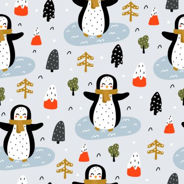 Cute seamless pattern in Scandinavian style with penguin with a scarf, mountains, Christmas tree, snow, ice and forest elements in winter colors hand drawn vector illustration.