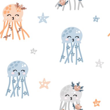Sevimli bebek odası desenli, yıldızlı ve soyut noktalı renkli denizanaları. El çizimi İskandinav tarzı vektör çizimi
