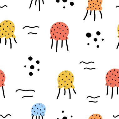 Renkli denizanaları ve beyaz arka planda izole edilmiş soyut elementlerle şirin, pürüzsüz bebek odası deseni. İskandinav tarzı el çizimi vektör çizimi.