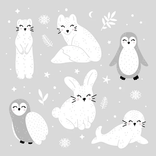 冬の動物のかわいいコレクション キツネ ペンギン フクロウ ウサギ 抽象的なドット 冬の要素を持つシール モノクローム手描き北欧風ベクトルイラスト — ストックベクタ