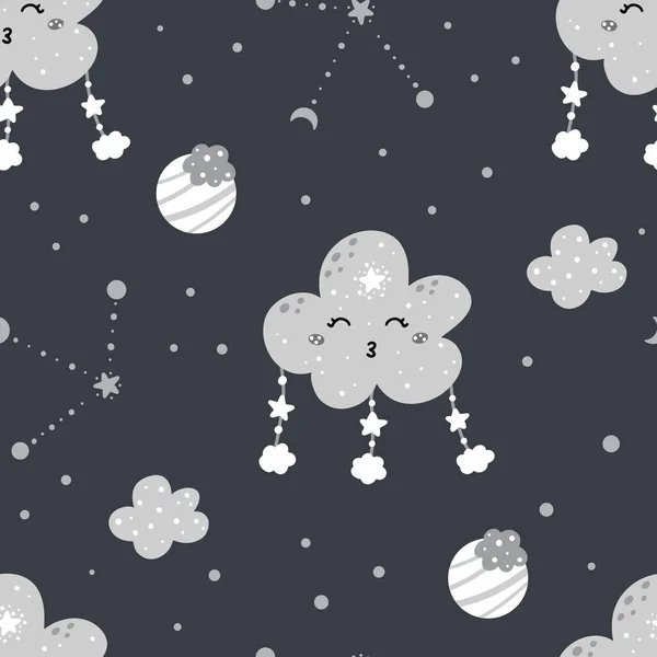 Mignon Motif Sans Couture Nuit Pépinière Avec Nuages Étoiles Lune — Image vectorielle