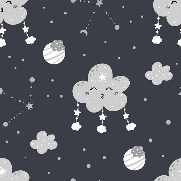 Cute Nursery Night Seamless Pattern Clouds Stars Moon Constellations Planets — Stock Vector