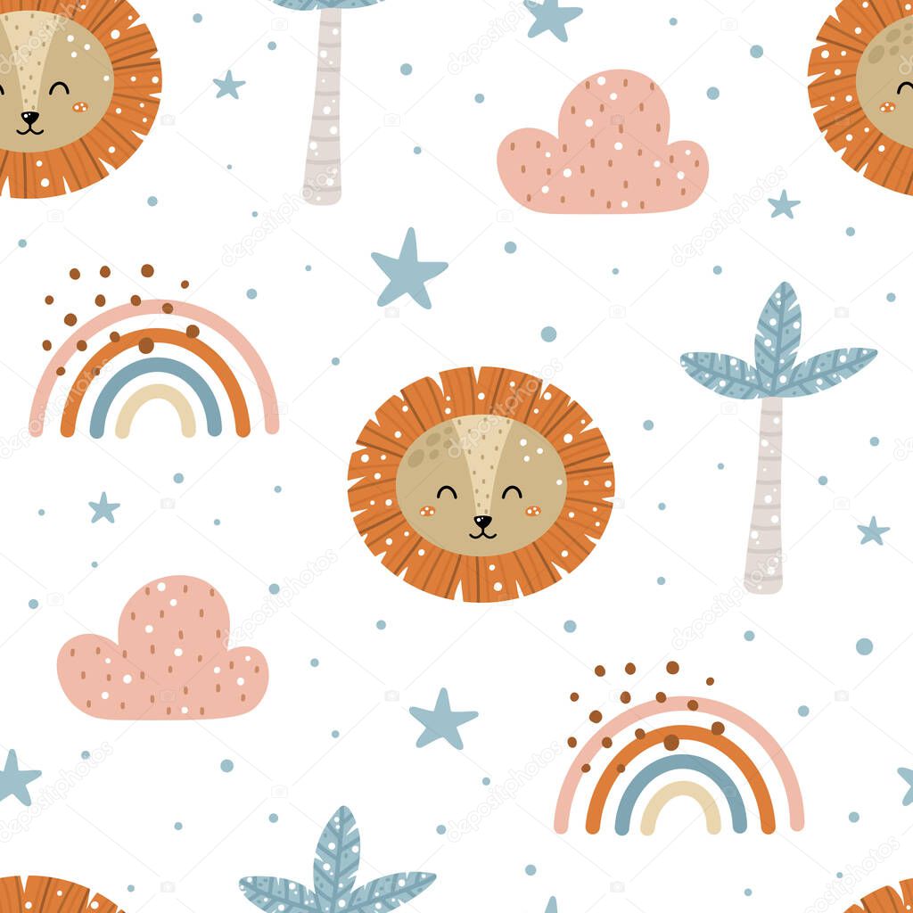 Cute nursery seamless pattern with lion, palm trees, clouds, rainbows, stars and abstract dots. Hand drawn Scandinavian style vector illustration.