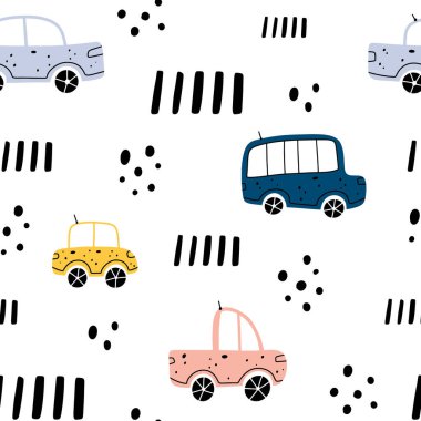 Beyaz arka planda soyut elementlere sahip farklı renkli araçlarla sevimli, çocuksu, pürüzsüz bir desen. İskandinav tarzı vektör çizimi.