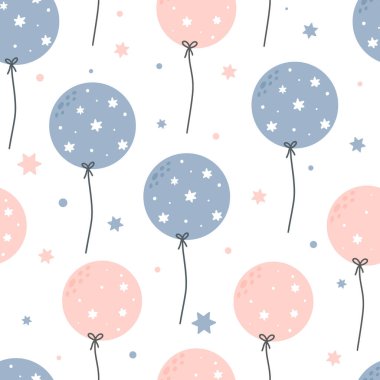 Beyaz arka planda izole edilmiş mavi ve pembe balonları olan sevimli, çocuksu, pürüzsüz bir desen. El çizimi İskandinav tarzı vektör çizimi.