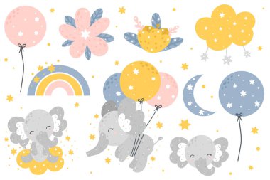 Bebek filli, gökyüzü elementli ve çiçekli şirin bebek odası koleksiyonu. El çizimi İskandinav tarzı vektör çizimi.