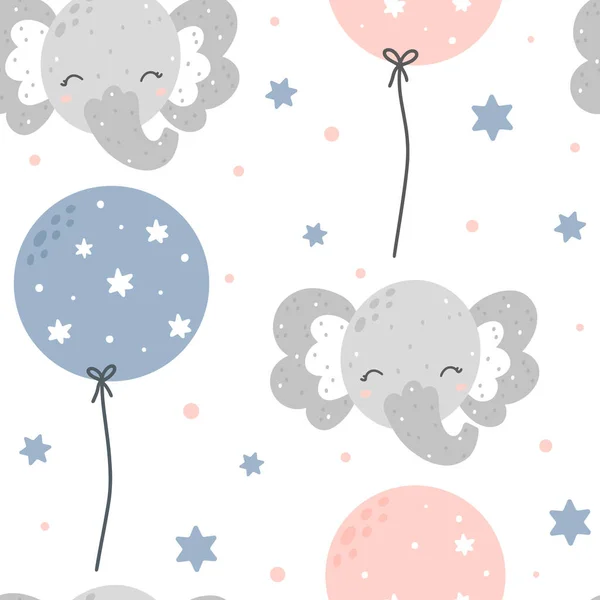Χαριτωμένο Παιδικό Μοτίβο Ελέφαντα Χωρίς Ραφή Μπαλόνια Χειροποίητη Σκανδιναβική Διανυσματική — Διανυσματικό Αρχείο