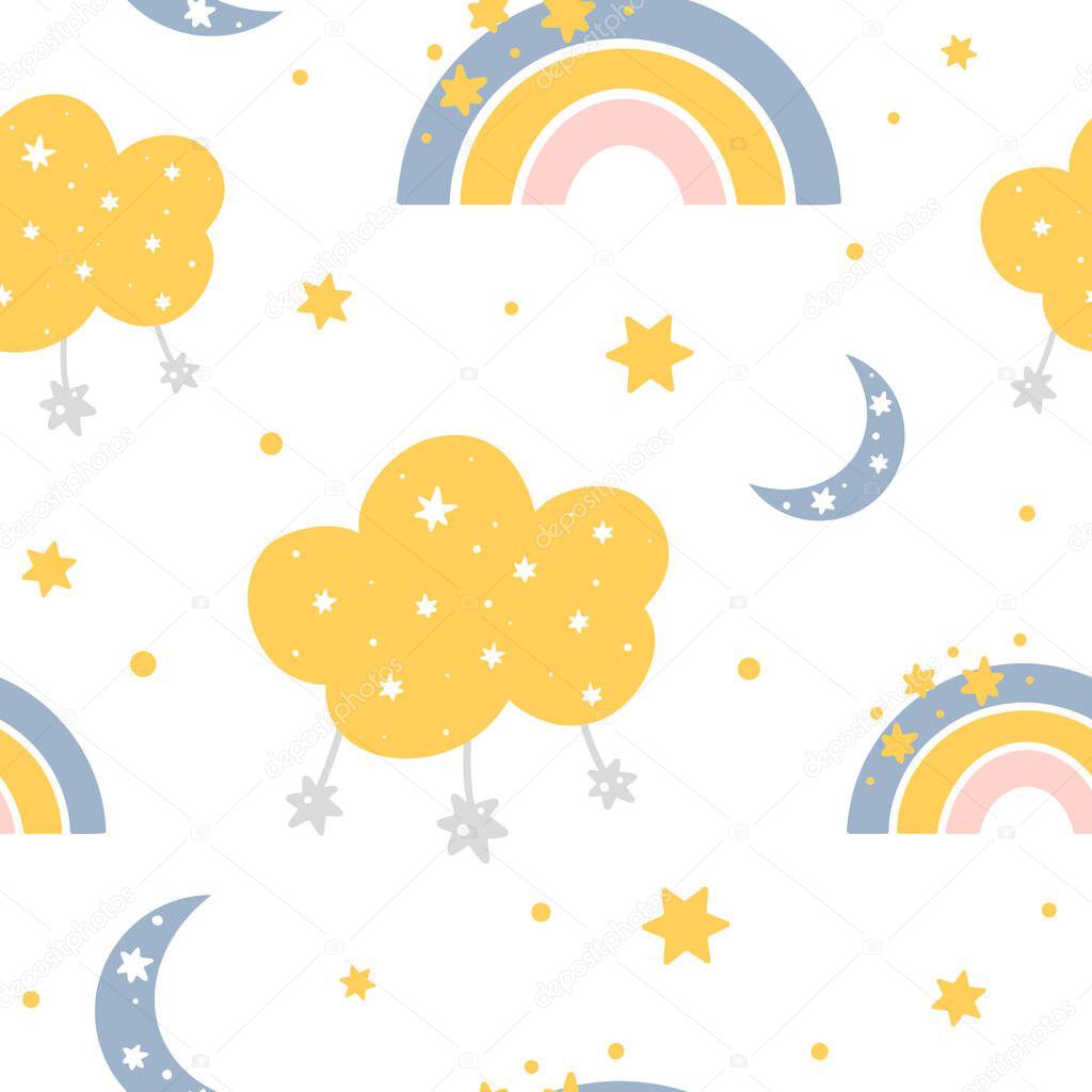 Cute childish seamless pattern with rainbows, clouds, stars, moon and abstract dots. Hand drawn Scandinavian style vector illustration.