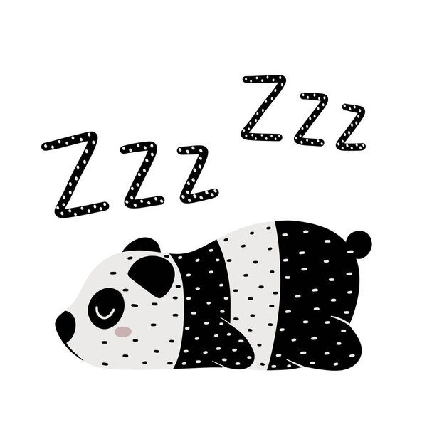 Sleeping panda bear with zzz textured lettering isolated on white background. Cute childish hand drawn vector illustration.