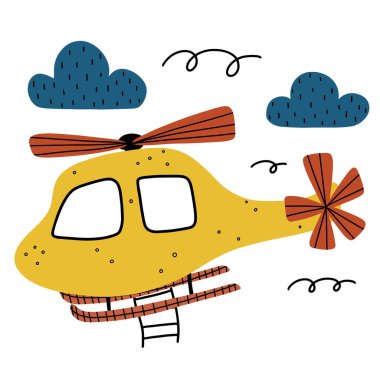 Helikopter bulutlarla ve beyaz arkaplanda izole edilmiş soyut elementlerle çocuksu bir ortamı karalıyor.