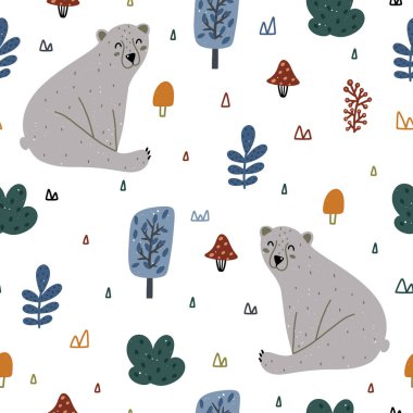 Orman elementleri çiçek, ayı, mantar ve beyaz arka planda izole edilmiş soyut elementlerle kusursuz desen oluşturuyor. El çizimi İskandinav tarzı vektör çizimi.