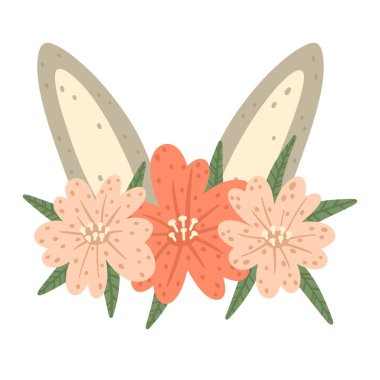 Sevimli tavşan kulaklı, çiçek tokalı beyaz arka planda izole edilmiş sanat öğesi baskı ve tasarım için. El çizimi İskandinav tarzı vektör çizimi.