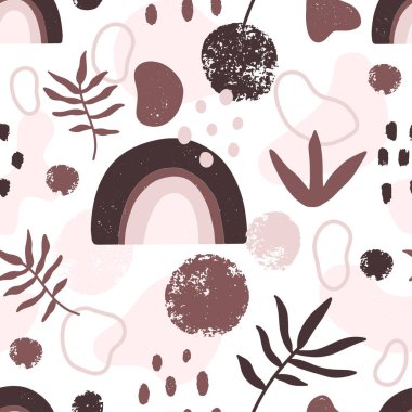 Gökkuşağı, botanik elementler ve beyaz arka planda izole edilmiş fırça dokuları ile minimalist, soyut, kusursuz desen. Boho stili el çizimi vektör çizimi.