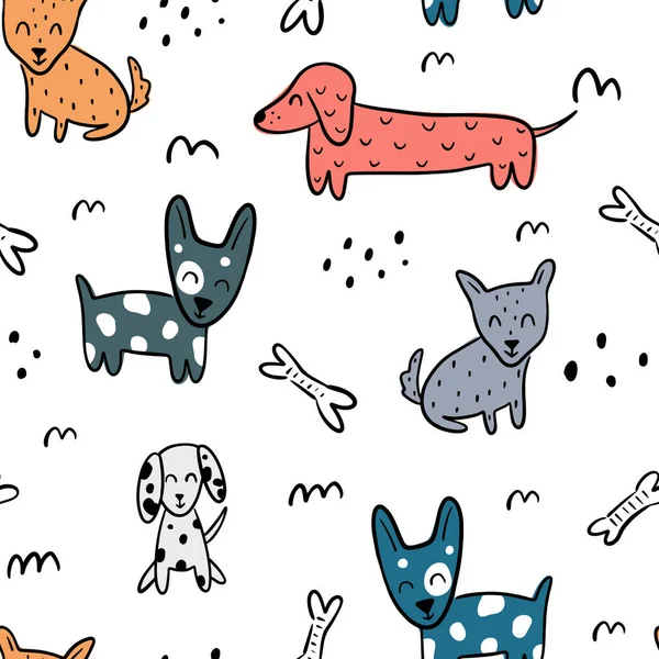 Cute Childish Seamless Pattern Different Dogs Bones Abstract Elements Isolated — 图库矢量图片