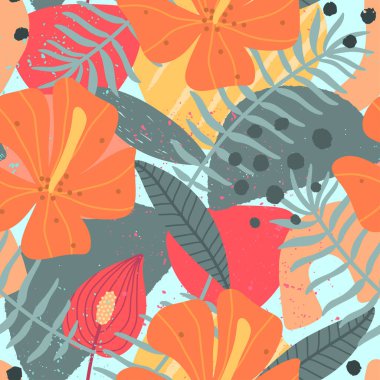 Mavi arka planda çiçek elementleri ve yaprakları olan soyut, pürüzsüz modern desen. Tekstil, kumaş, kağıt için el çizimi yaz deseni.