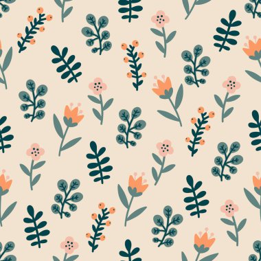 Karalama çiçekleri, dalları ve yaprakları olan dikişsiz bir desen. El çizimi İskandinav tarzı vektör çizimi.