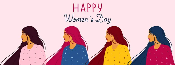 Happy Women Day Greeting Card Template Group Young Women Standing — Stock Vector