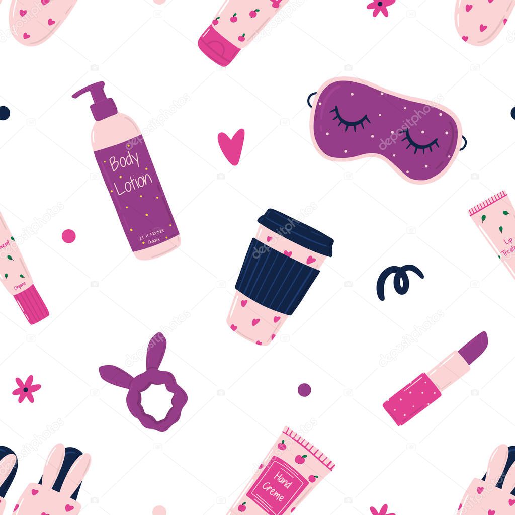 Cute pink fashion pattern with sleeping mask, lipstick, scrunchy, cosmetics, body lotion, hand creme, coffee cup. Hand drawn doodle style vector illustration.