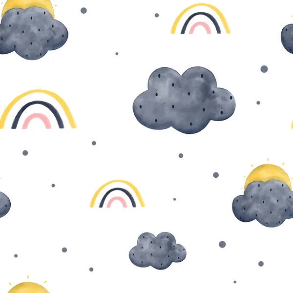 Mignon Motif Sans Couture Avec Soleil Nuages Arcs Ciel Aquarelle — Image vectorielle