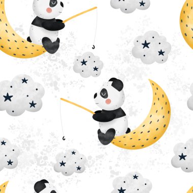 Beyaz arka planda izole edilmiş, gökyüzünde panda avlayan sevimli suluboya desenli, çocuksu bir panda. El çizimi İskandinav tarzı vektör çizimi.