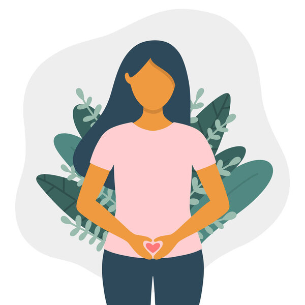 Женщина с руками в форме сердца на животе плоской векторной иллюстрации изолированы на белом фоне. Концепция здоровья женского живота.