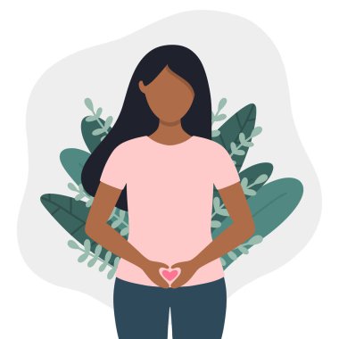 Jinekolojik sağlık konsepti çizimi: erken hamilelik, hijyen, regl, ağrı, hastalık, Duran siyah kadın, göbek bölgesinde elleri kalp şeklinde..