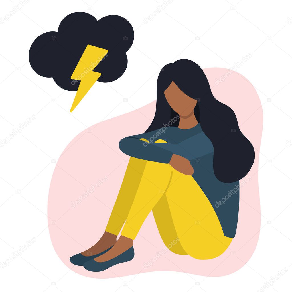 Black woman in bad mood concept: anxiety, sadness, loneliness, depression, stress. Sitting black woman with cloud and lightning flat vector illustration.
