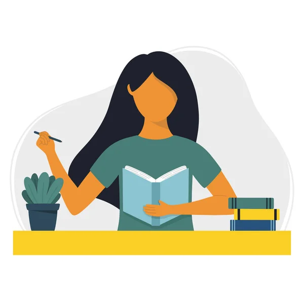 Γυναίκα Γράφει Σημειωματάριο Ημερολόγιο Γράφοντας Μελετώντας Και Διαβάζοντας Έννοια Επίπεδη — Διανυσματικό Αρχείο