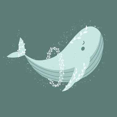 Çiçekli elementleri olan şirin bir balina. Çocukça el çizimi vektör illüstrasyonu.