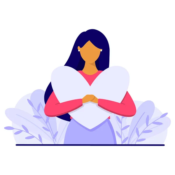 Mujer Abraza Gran Corazón Salud Mental Cuidado Caridad Amor Propio — Vector de stock