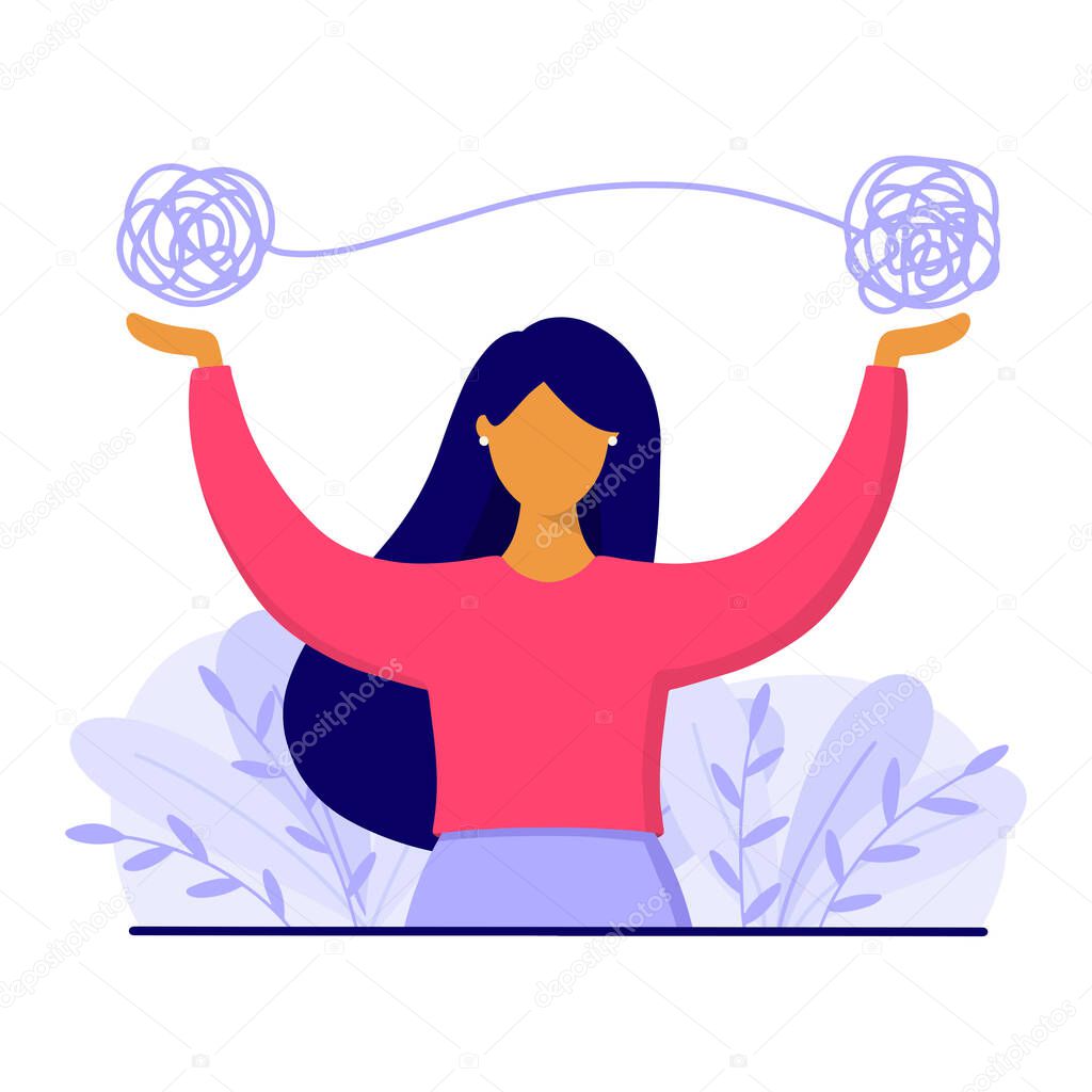 Woman with mental problems, anxiety, depression. Psychotherapy and psychology concept. Flat style vector illustration.