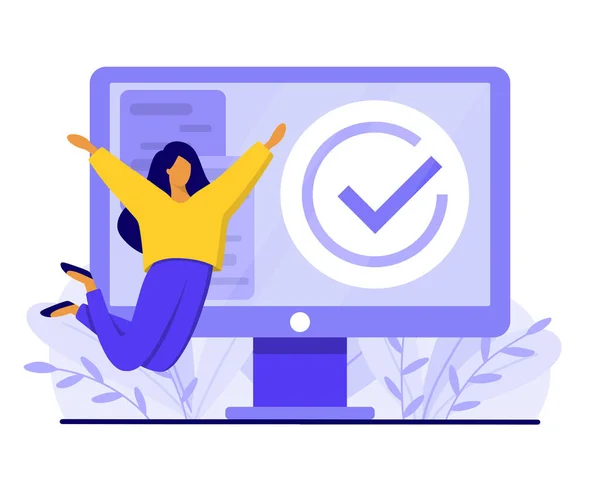 Gelukkig Springend Meisje Computer Met Vinkje Teken Voltooid Werk Voltooid — Stockvector