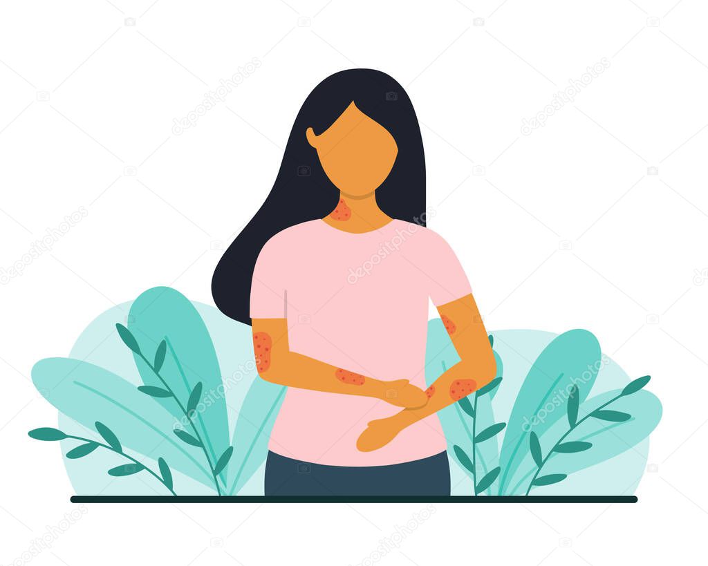 Woman with skin problems. Psoriasis or eczema concept. Flat style vector illustration.