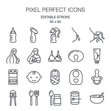 Bebek emzirme ve beslenme. Emzirmeyle ilgili ikonlar. Düzenlenebilir çizgi simgeleri beyaz arkaplan vektör illüstrasyonunda izole edilmiştir. Piksel mükemmel. 64 x 64.