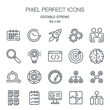 Çevik metodoloji ile ilişkili düzenlenebilir çizgi çizim simgeleri beyaz arkaplan vektör illüstrasyonunda izole edildi. Piksel mükemmel. 64 x 64.