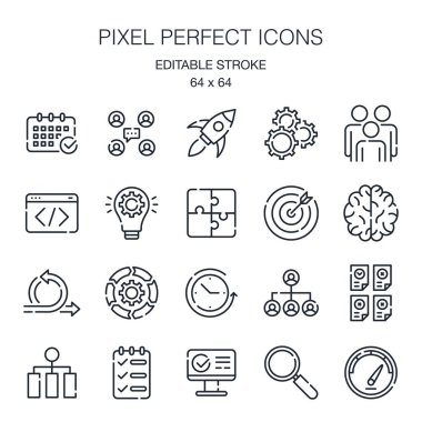 Agile software development methodology editable stroke outline icons set isolated on white background vector illustration. Pixel perfect. 64 x 64.