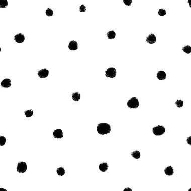 Soyut noktalar, tek renkli, dikişsiz desen. El çizimi Polka nokta grunge fırçası siyah beyaz süs.