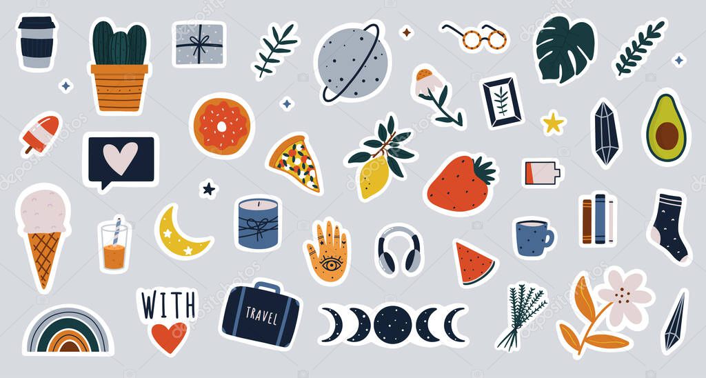 Collection of hand drawn colorful stickers for agenda, diary or bullet journaling. Cute clipart elements for planner or organizer flat vector illustration.