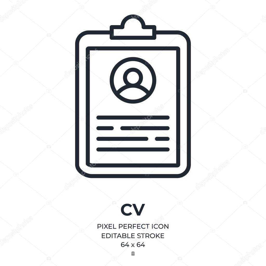 Curriculum vitae document editable stroke outline icon isolated on white background flat vector illustration. Pixel perfect. 64 x 64.