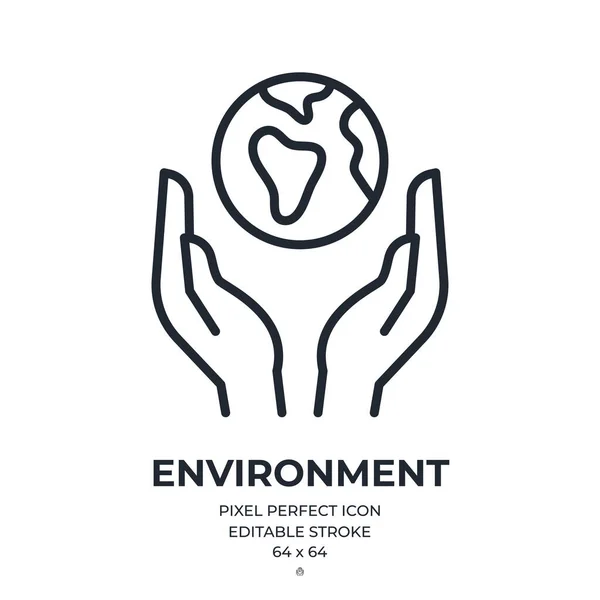Concepto Medio Ambiente Ecología Manos Sosteniendo Planeta Tierra Icono Contorno — Vector de stock